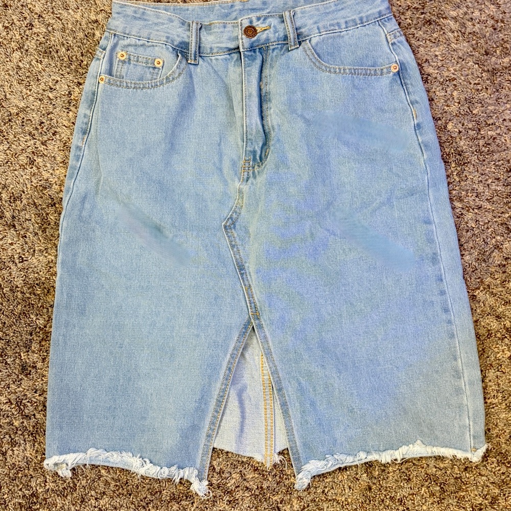Light Blue Denim Skirt with Frayed Hem